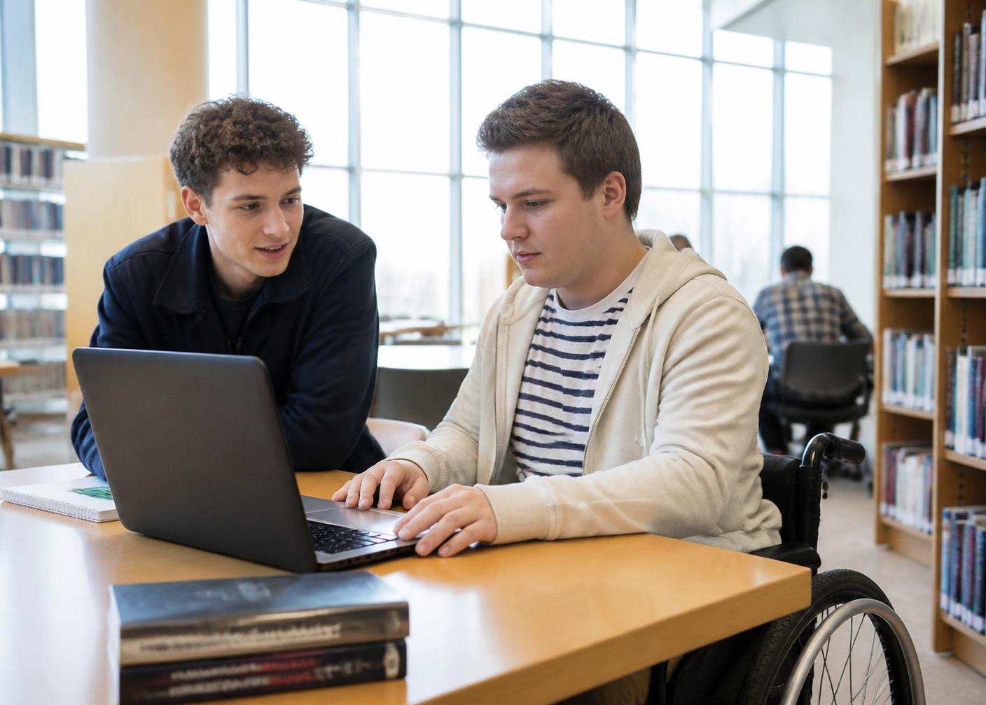 Zwei Studierende arbeiten gemeinsam an einem Laptop in einer hellen Bibliothek; einer von ihnen nutzt einen Rollstuhl.
